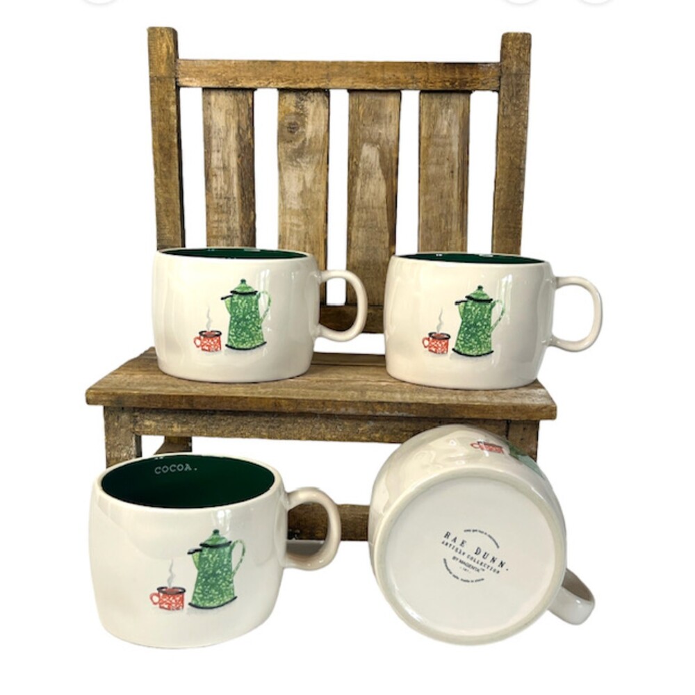 Rae Dunn WINTER TIME COCOA Green Oasis 4  Mug Set Very Hard to Find, NIB Cozy